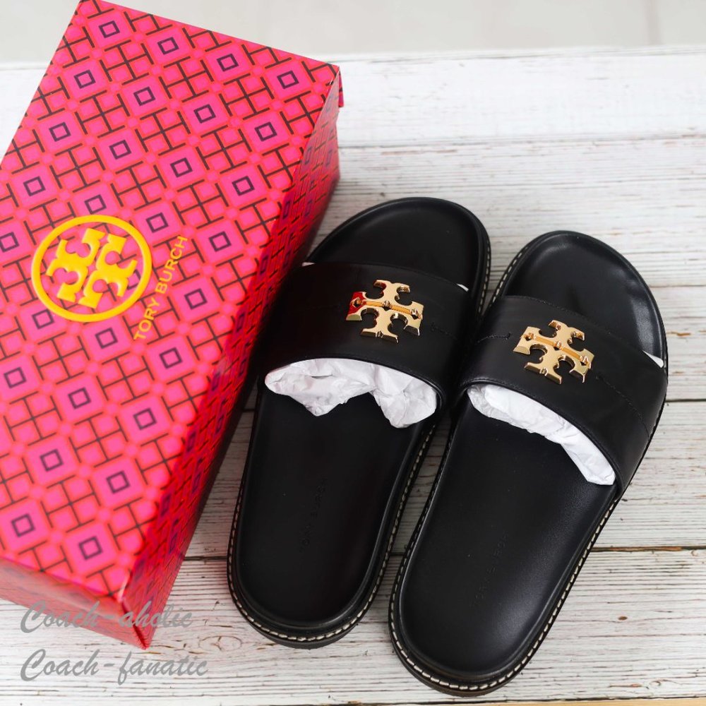 NIB Tory Burch Everly Anatomic Lug Nappa Leather Slide Sandal Size 8 in Black - Picture 10 of 10